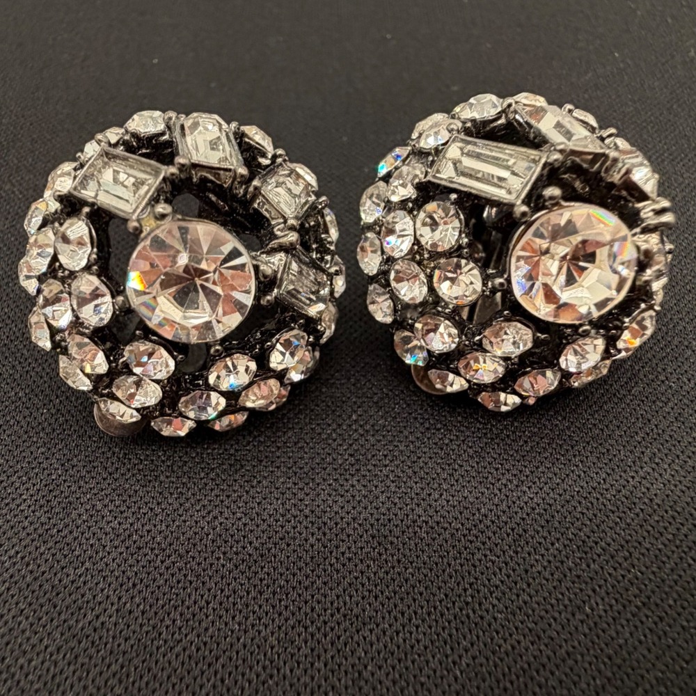 Vintage 925 Sterling Rhinestone Clip Earrings Blackened Statement Art Deco
